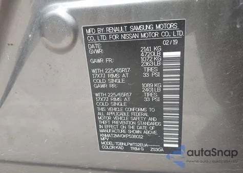 2019 Nissan Rogue S z USA, uszkodzony, nr VIN KNMAT2MV0KP538012